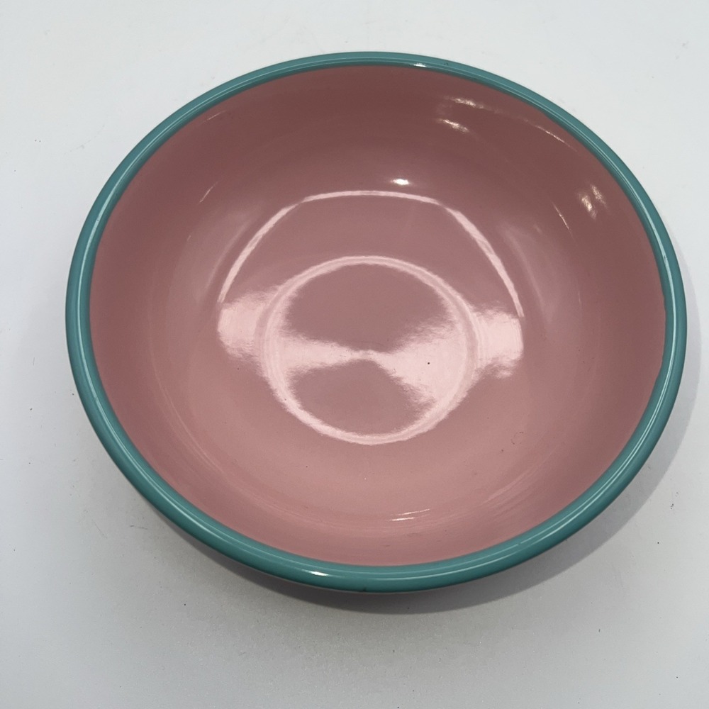 RIO CENTURY Stoneware Bowl Pink with Teal Blue Rim‎ Japan Retro MCM